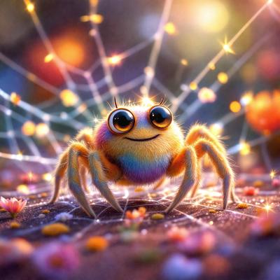 The primary subject of the image is a colorful spider with a big smile on its face. The spider is sitting on a web, surrounded by a variety of colorful flowers. The setting appears to be a garden or an outdoor environment with a natural backdrop. The visual style of the image is a combination of photo and digital art, creating a unique and vibrant scene. The colors and mood of the image are lively and cheerful, with the spider's big smile and the colorful flowers adding a